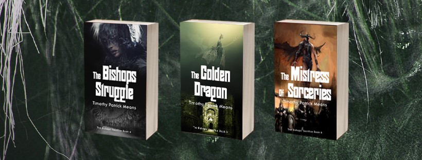 book covers of the bishops struggle, the golden dragon, the mistress of sorceries